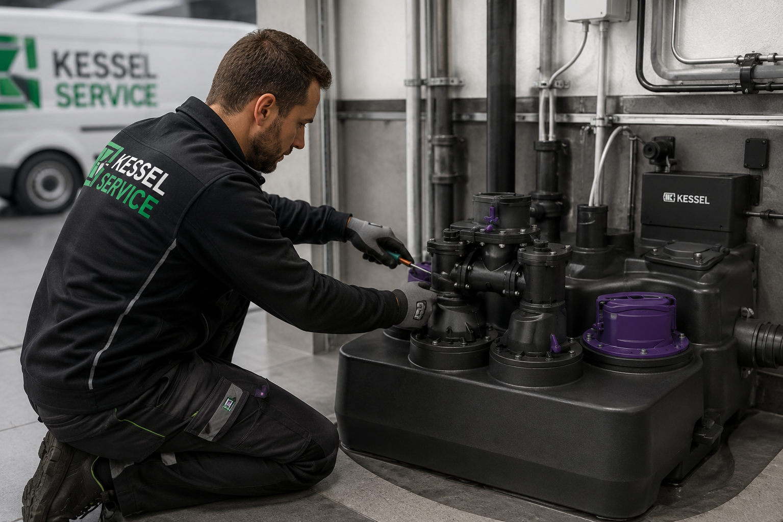 Kessel servicetekniker arbejder med pumpeteknik